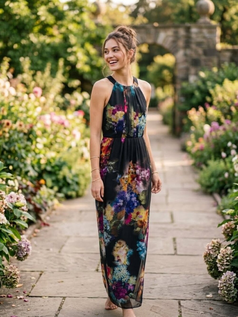 Monsoon hydrangea halter neck black floral print maxi dress gown NWOT M/L 10